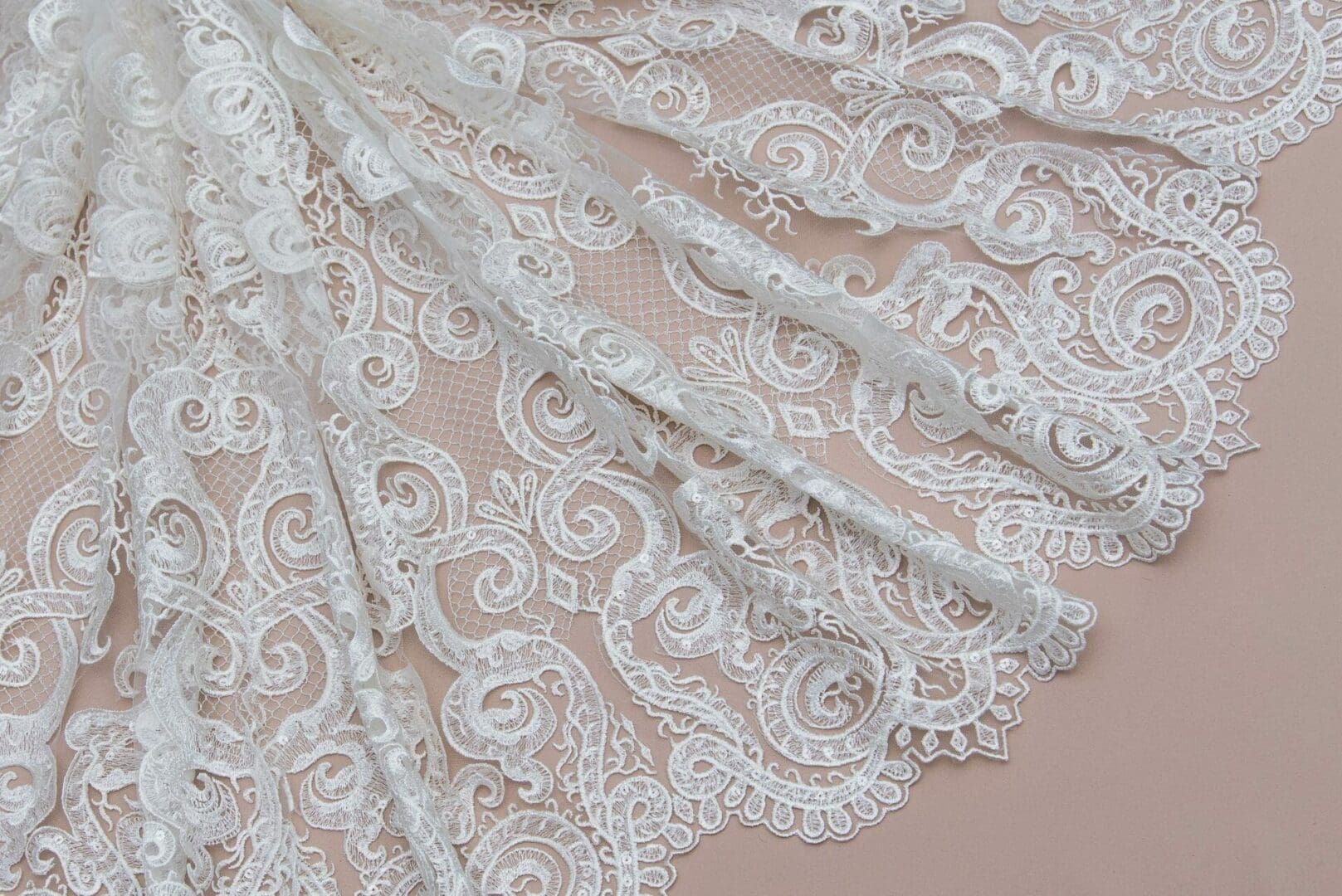 A close up of a white lace fabric.