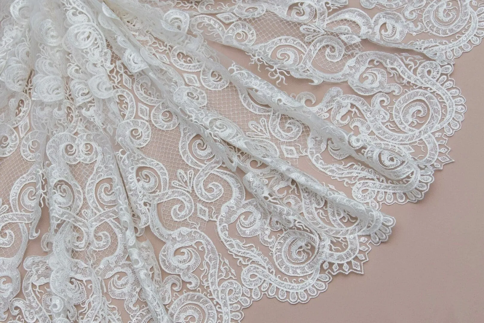 A close up of a white lace fabric.