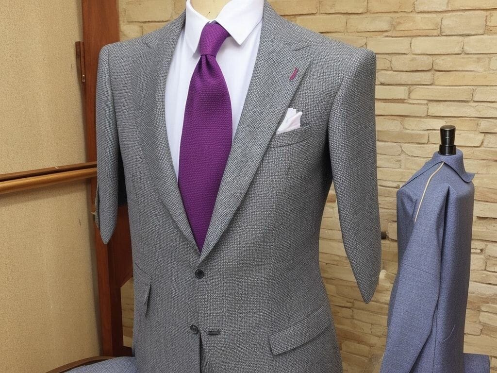 A mannequin with a grey suit and purple tie.