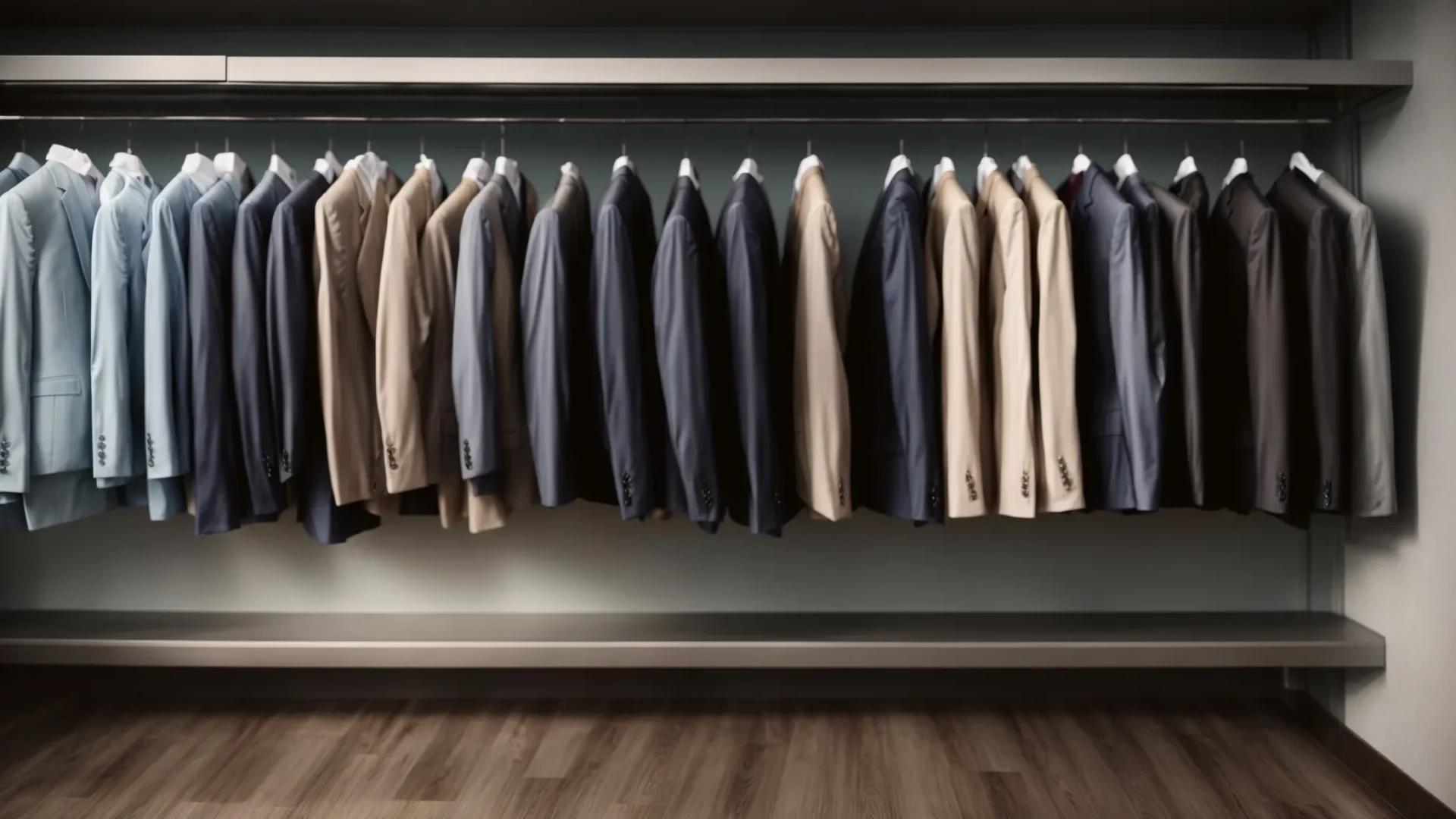 a neatly arranged row of freshly cleaned and pressed suits hanging on a rack inside a bright, clean dry cleaning store.