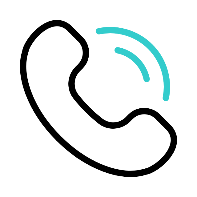 Black and teal icon of a telephone handset with sound waves, representing a phone call or communication.