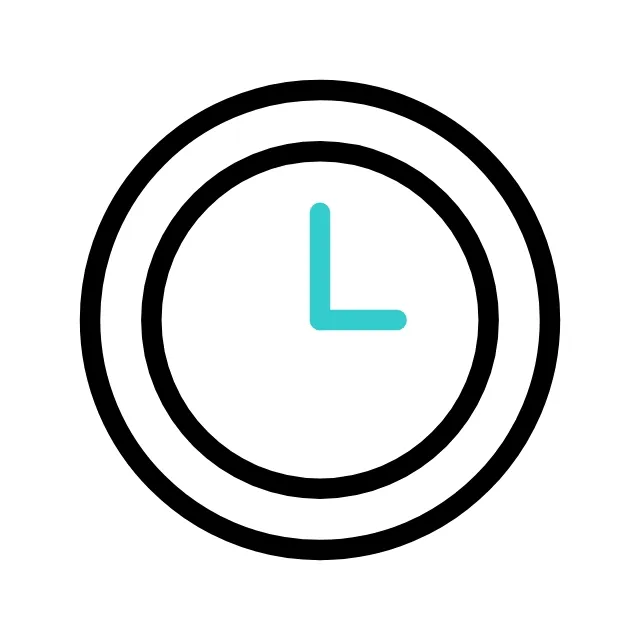 A simple clock icon with black outline and blue hands showing the time as 12:00.