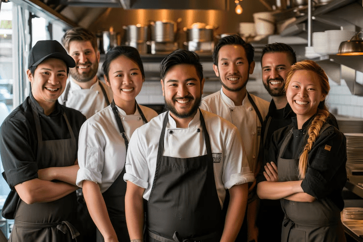 A group of six smiling chefs, dressed in professional kitchen uniforms, standing together in a commercial kitchen.