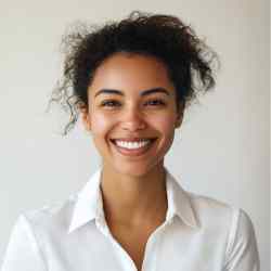 A woman with curly hair wearing a white collared shirt smiles at the camera against a plain background.