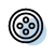A blue and black icon of a cookie with three chocolate chips.