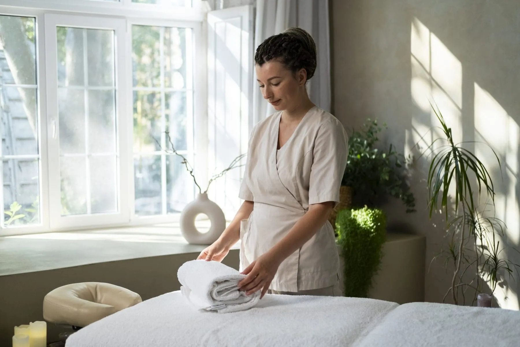 A woman in a beige uniform folds white towels on a massage table in a bright, sunlit room with plants and a large window.
