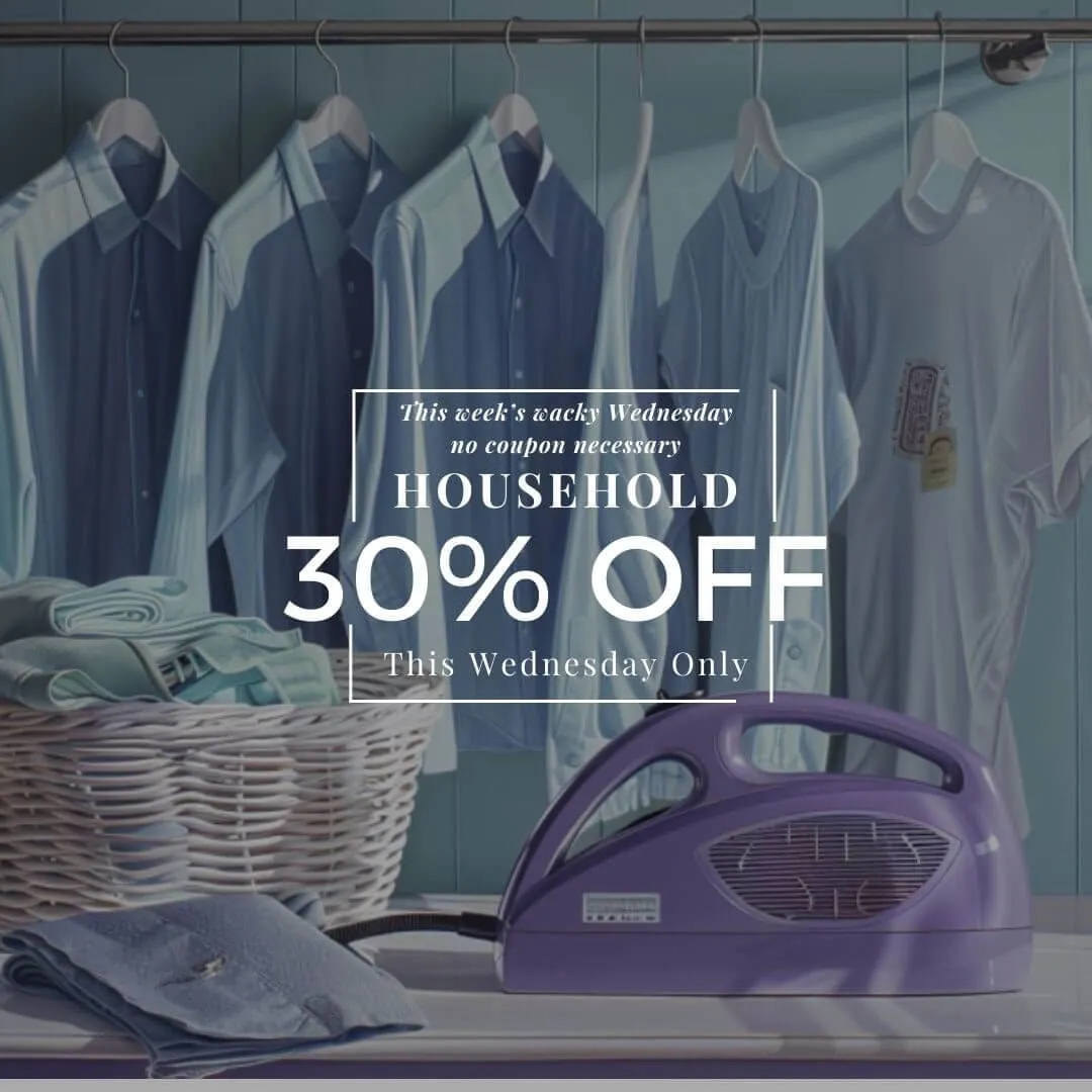 A row of blue shirts on hangers, folded towels in a basket, and a purple iron, with a text overlay offering 30% off household items this Wednesday only.