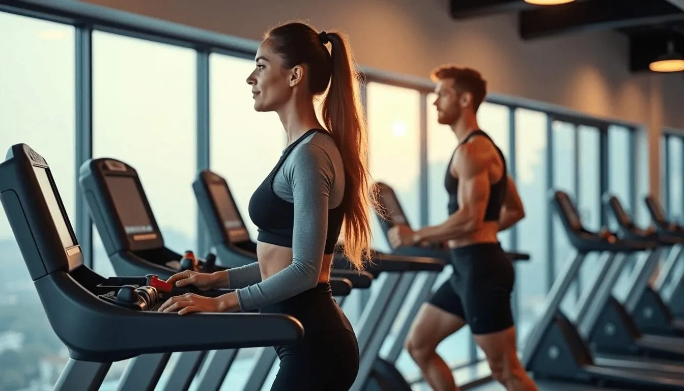 A woman and a man exercise on treadmills in a modern gym with large windows and natural light.