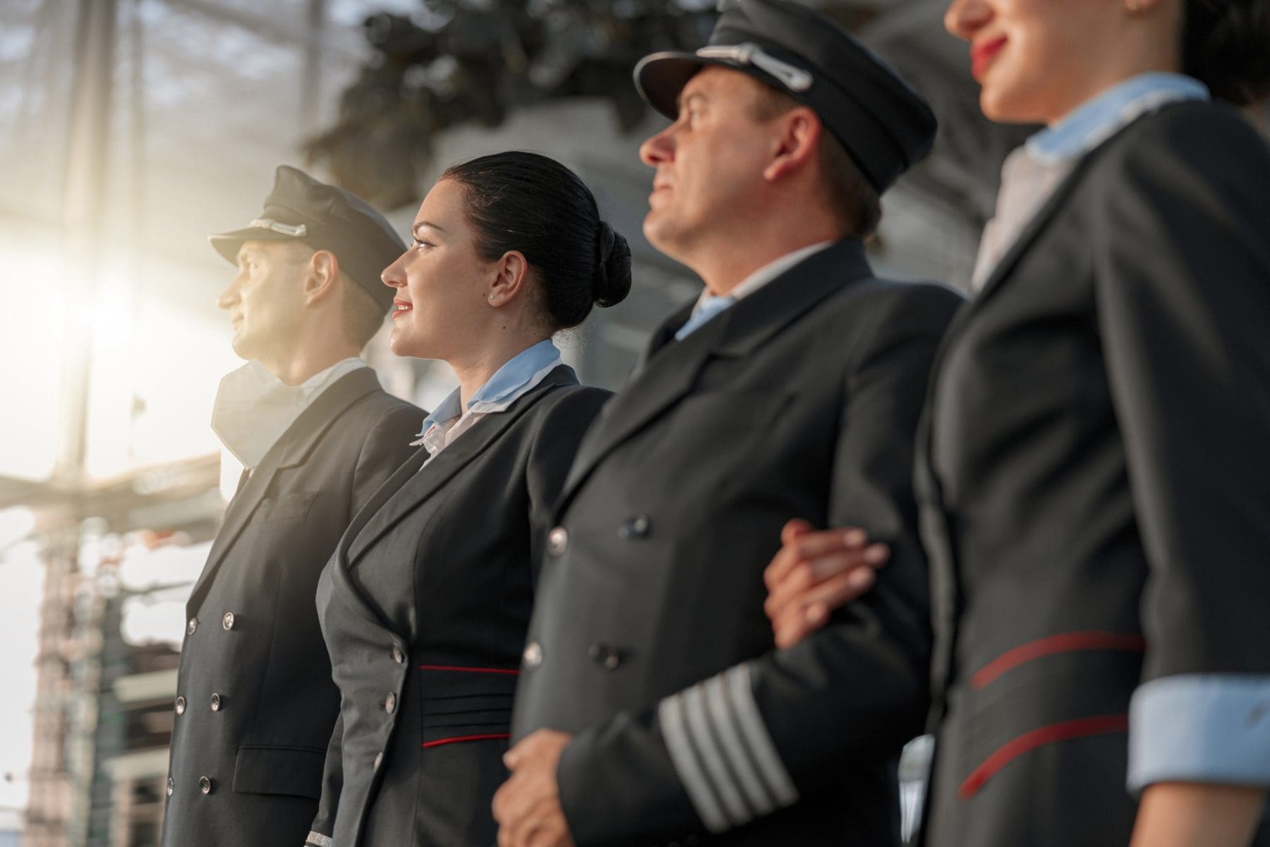 Four airline crew members in uniform stand in a row, looking forward, with two of them linking arms inside an airport terminal.