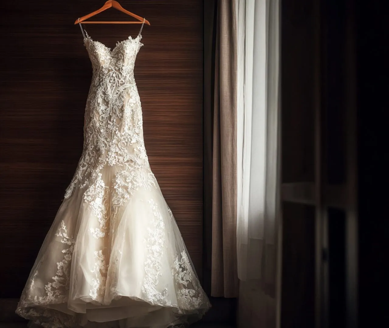 A white, lace-embellished wedding dress hangs on a wooden hanger against a dark wooden wall near a window with sheer curtains.